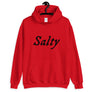 Red unisex Hoodie with wording "Salty" written on one horizontal row in IM Fell font on the front. Lettering is in Black.