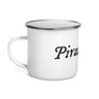 Enamel Mug with "Pirate King" written in black lettering in IM Fell font, surrounded by white background.