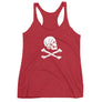 Red racerback tank top with Henry Every pirate flag which depicts a white skull in profile wearing a kerchief and an earring, above a saltire of two white crossed bone