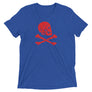 Royal Blue short sleeve t-shirt with Henry Every pirate flag which depicts a red skull in profile wearing a kerchief and an earring, above a saltire of two red crossed bone