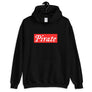 Black unisex Hoodie with word "Pirate" written horizontally in white IM Fell font encased in crimson red box. Lettering is in white.