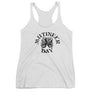 Whtie racerback tank top depicting black Mutineer Bay trademarked logo on the front.