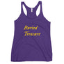 Purple racerback tank top  with wording "Buried Treasure" written on two horizontal rows in IM Fell font on the front. Lettering is in Canary Yellow.