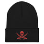 Black beanie hat with Jack Rackham pirate flag represented as a red skull above two red crossed swords, which contributed to the popularization of pirates worldwide