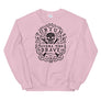 Pink unisex sweatshirt with centered skull and cross bones, with small additional artistic accents, surrounded in a circular pattern with "Fortune Favors the Brave". All lettering and imagining is in Black.