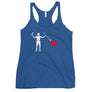 Royal blue racerback tank top with the purported pirate flag of Blackbeard, consisting of a white horned skeleton using a spear to pierce a red bleeding heart, typically attributed to the pirate Edward Teach, better known as Blackbeard.
