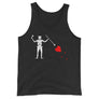 Black tank top with the purported pirate flag of Blackbeard, consisting of a white horned skeleton using a spear to pierce a red bleeding heart, typically attributed to the pirate Edward Teach, better known as Blackbeard.