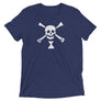 Purple short sleeve t-shirt depicting white pirate flag of Emanuel Wynn, famous French pirate, which is a variant of crossbones motif with an addition of an hourglass which represented that pirate prey's time is up.