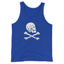 Royal Blue unisex tank top with Henry Every pirate flag which depicts a white skull in profile wearing a kerchief and an earring, above a saltire of two white crossed bones
