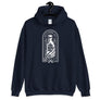 Navy Blue unisex hoodie with image of skeleton hands holding up a rum bottle with the "No Rum, No Fun" written in the middle. In small semi circle above the bottle, "Mutineer Bay" is written. All images and lettering is in White.