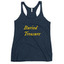 Navy Blue racerback tank top  with wording "Buried Treasure" written on two horizontal rows in IM Fell font on the front. Lettering is in Canary Yellow.