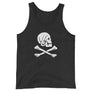 Black unisex tank top with Henry Every pirate flag which depicts a white skull in profile wearing a kerchief and an earring, above a saltire of two white crossed bones