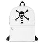 White minimalist backpack depicting black pirate flag of Emanuel Wynn, famous French pirate, which is a variant of crossbones motif with an addition of an hourglass which represented that pirate prey's time is up.