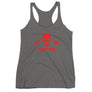 Grey racerback tank top depicting the red pirate flag of Stede Bonnet "The Gentleman Pirate" represented as a white skull above a horizontal long bone between a heart and a dagger