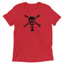 Red short sleeve t-shirt depicting black pirate flag of Emanuel Wynn, famous French pirate, which is a variant of crossbones motif with an addition of an hourglass which represented that pirate prey's time is up.
