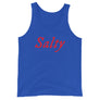 Royal Blue unisex tank top with wording "Salty" written on one horizontal row in IM Fell font on the front. Lettering is in Red.