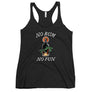 Black racerback tank top with image of centered rum bottle with green palm trees surround on top by "No, Rum" and at bottom "No, Fun" in white IM Fell font.