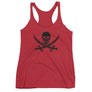 Crimson Red racerback tank top with black Jack Rackham pirate flag represented as a black skull above two black crossed swords, which contributed to the popularization of pirates worldwide