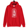 Red unisex hoodie with image of skeleton hands holding up a rum bottle with the "No Rum, No Fun" written in the middle. In small semi circle above the bottle, "Mutineer Bay" is written. All images and lettering is in White.