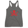Grey racerback tank top with Jack Rackham pirate flag represented as a red skull above two red crossed swords, which contributed to the popularization of pirates worldwide