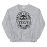 Grey unisex sweatshirt with centered skull and cross bones, with small additional artistic accents, surrounded in a circular pattern with "Fortune Favors the Brave". All lettering and imagining is in Black.