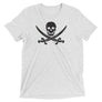 White unisex short sleeve t-shirt with Jack Rackham pirate flag represented as a black skull above two black crossed swords, which contributed to the popularization of pirates worldwide.