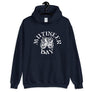 Navy unisex Blue hoodie depicting white Mutineer Bay trademarked logo on the front. On the back is Mutineer Bay's trademarked slogan "Never Be Tamed" on three horizontal rows. All lettering is in White.