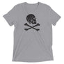Ash unisex short sleeve t-shirt with Henry Every pirate flag which depicts a black skull in profile wearing a kerchief and an earring, above a saltire of two black crossed bones