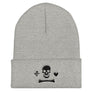 Grey beanie depicting the black pirate flag of Stede Bonnet "The Gentleman Pirate" represented as a white skull above a horizontal long bone between a heart and a dagger.