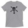 Ash short sleeve t-shirt depicting black pirate flag of Emanuel Wynn, famous French pirate, which is a variant of crossbones motif with an addition of an hourglass which represented that pirate prey's time is up.