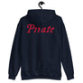 Navy Blue unisex Hoodie with word "Pirate" written horizontally in IM Fell font on the front and back of the hoodie. Lettering is in Red.
