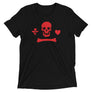 Charcoal Black unisex short sleeve t-shirt depicting the pirate flag of Stede Bonnet "The Gentleman Pirate" represented as a red skull above a red horizontal long bone between red a heart and a red dagger.