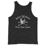 Charcoal Black unisex tank top with centered artistic skull and crossbones surrounded with "Sailors Tell Stories" above and "Pirates Make Legends" below in white IM Fell font.