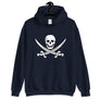 Royal Blue unisex hoodie with Jack Rackham pirate flag represented as a white skull above two crossed swords, which contributed to the popularization of pirates worldwide.