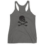 Dark gray racerback tank top with Henry Every pirate flag which depicts a black skull in profile wearing a kerchief and an earring, above a saltire of two black crossed bone