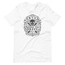White short sleeve t-shirt with centered skull and cross bones, with small additional artistic accents, surrounded in a circular pattern with "Fortune Favors the Brave". All lettering and imagining is in Black.