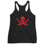 Black racerback tank top with Jack Rackham pirate flag represented as a red skull above two red crossed swords, which contributed to the popularization of pirates worldwide