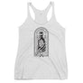 White racerback tank top with image of skeleton hands holding up a rum bottle with the "No Rum, No Fun" written in the middle. In small semi circle above the bottle, "Mutineer Bay" is written. All images and lettering is in black.
