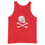 Red unisex tank top with Henry Every pirate flag which depicts a white skull in profile wearing a kerchief and an earring, above a saltire of two white crossed bones