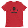 Red unisex short sleeve t-shirt depicting the black pirate flag of Stede Bonnet "The Gentleman Pirate" represented as a white skull above a horizontal long bone between a heart and a dagger.