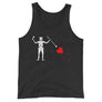Black tank top with the purported pirate flag of Blackbeard, consisting of a white horned skeleton using a spear to pierce a red bleeding heart, typically attributed to the pirate Edward Teach, better known as Blackbeard.