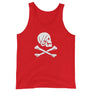 Red unisex tank top with Henry Every pirate flag which depicts a white skull in profile wearing a kerchief and an earring, above a saltire of two white crossed bones