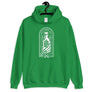 Green unisex hoodie with image of skeleton hands holding up a rum bottle with the "No Rum, No Fun" written in the middle. In small semi circle above the bottle, "Mutineer Bay" is written. All images and lettering is in White.