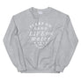 Light grey unisex sweatshirt with wording in white, "Sleep on Land, Live on Water" written in black artistic lettering on front. Underneath this is very small semi circle stating "Mutineer Bay" centered with small anchor. All lettering and images are in white.