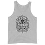 Light grey unisex tank top with centered skull and cross bones, with small additional artistic accents, surrounded in a circular pattern with "Fortune Favors the Brave". All lettering and imagining is in Black.