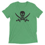 Green unisex short sleeve t-shirt with Jack Rackham pirate flag represented as a black skull above two black crossed swords, which contributed to the popularization of pirates worldwide.