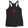 Black racerback tank top with Jack Rackham pirate flag represented as a red skull above two red crossed swords, which contributed to the popularization of pirates worldwide
