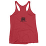Red racerback tank top with Henry Every pirate flag which depicts a black skull in profile wearing a kerchief and an earring, above a saltire of two black crossed bone