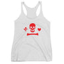 White racerback tank top depicting the red pirate flag of Stede Bonnet "The Gentleman Pirate" represented as a white skull above a horizontal long bone between a heart and a dagger.