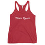 Red racerback tank top with "Pirate Queen" written on one horizontal row in white IM Fell font.